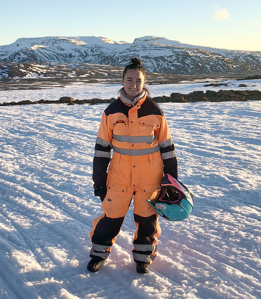Julia Dovi snowmobiling on a glacier in Iceland